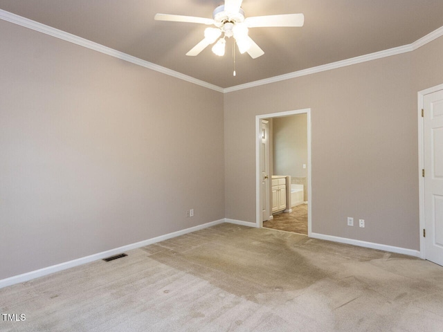 301 Monterey Ct, Benson, NC 27504 - unfurnished bedroom featuring ornamental molding, light carpet, baseboards, ensuite bathroom, and a ceiling fan