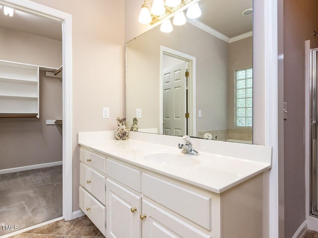301 Monterey Ct, Benson, NC 27504 - bathroom featuring ornamental molding, vanity, baseboards, tile patterned flooring, and a chandelier