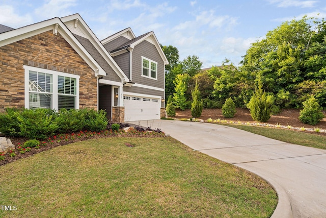 829 Churton Pl, Cary, NC 27518 - craftsman house featuring stone siding, driveway, an attached garage, and a front yard