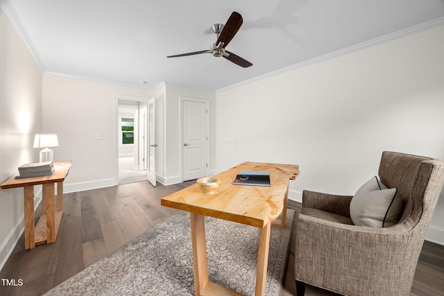 829 Churton Pl, Cary, NC 27518 - sitting room featuring a ceiling fan, dark wood-style flooring, crown molding, and baseboards