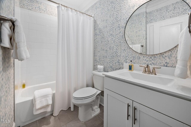 829 Churton Pl, Cary, NC 27518 - bathroom featuring wallpapered walls, toilet, vanity, shower / bath combo with shower curtain, and tile patterned flooring