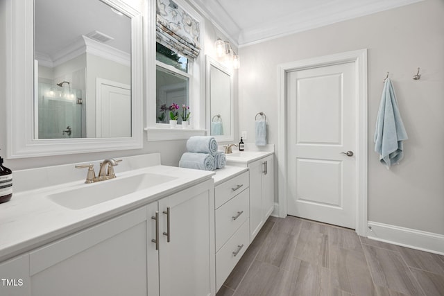 829 Churton Pl, Cary, NC 27518 - full bathroom with ornamental molding, a stall shower, double vanity, wood finished floors, and baseboards