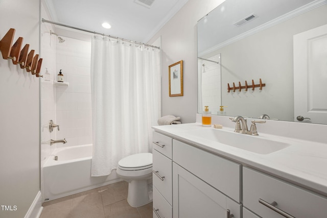 829 Churton Pl, Cary, NC 27518 - bathroom with crown molding, toilet, shower / bath combination with curtain, vanity, and tile patterned flooring
