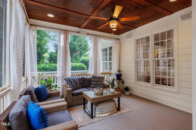 200 Cobblepoint Way, Holly Springs, NC 27540 - sunroom / solarium featuring a ceiling fan, wood finished floors, an outdoor hangout area, wooden ceiling, and wooden walls