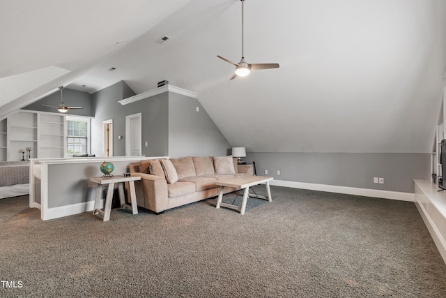 200 Cobblepoint Way, Holly Springs, NC 27540 - carpeted living room featuring ceiling fan, lofted ceiling, and baseboards