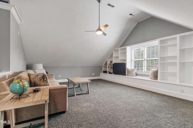 200 Cobblepoint Way, Holly Springs, NC 27540 - sitting room featuring carpet floors, lofted ceiling, baseboards, built in shelves, and a ceiling fan