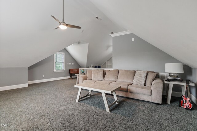 200 Cobblepoint Way, Holly Springs, NC 27540 - living room with vaulted ceiling, carpet, ceiling fan, and baseboards