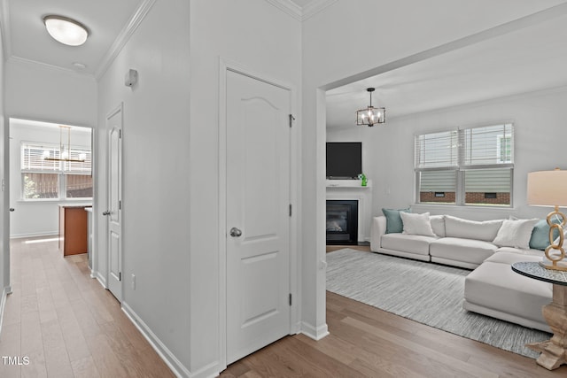 3204 Plaza Pl, Raleigh, NC 27612 - living area featuring a chandelier, crown molding, light wood finished floors, and plenty of natural light