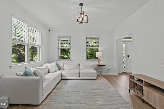 3204 Plaza Pl, Raleigh, NC 27612 - living room with crown molding, a chandelier, and wood finished floors