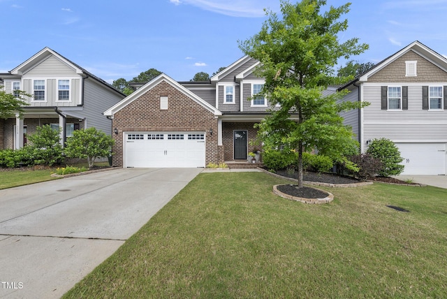 view of front of property with driveway, brick siding, an attached garage, and a front lawn