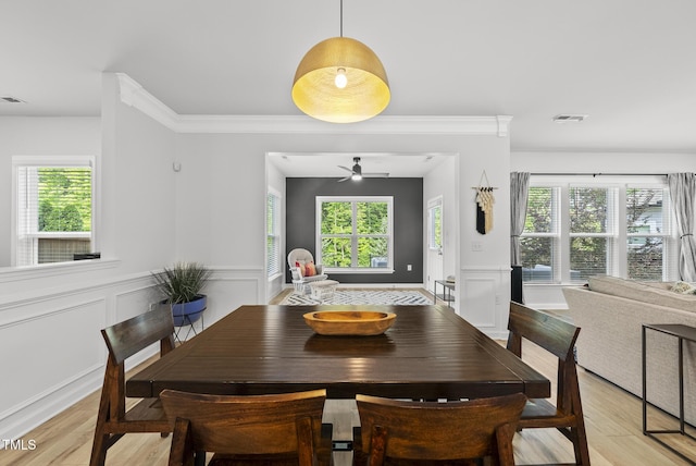 dining room featuring light wood-style floors, healthy amount of natural light, a ceiling fan, wainscoting, and a decorative wall
