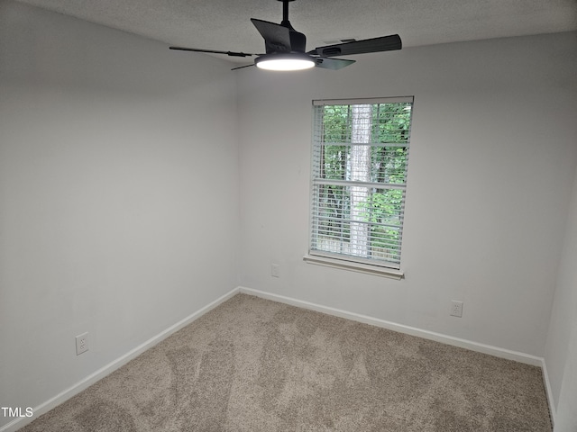 carpeted empty room featuring a ceiling fan, plenty of natural light, baseboards, and a textured ceiling