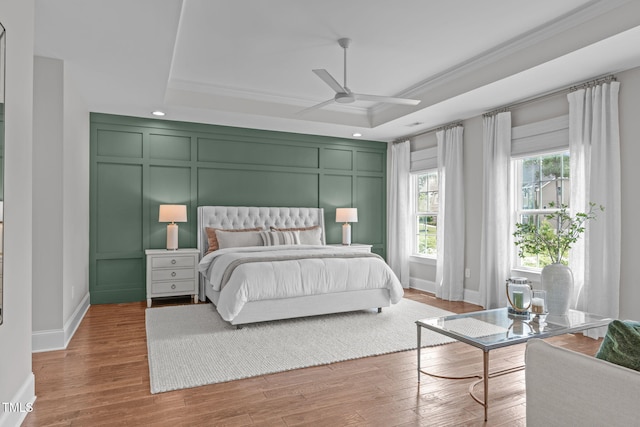 2711 Jordan Pointe Blvd, New Hill, NC 27562 - bedroom featuring a decorative wall, crown molding, wood finished floors, recessed lighting, and a ceiling fan