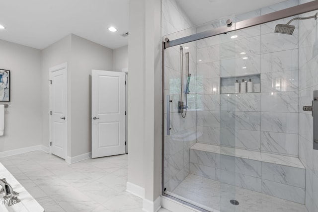 2711 Jordan Pointe Blvd, New Hill, NC 27562 - bathroom with a stall shower, baseboards, marble finish floors, and recessed lighting