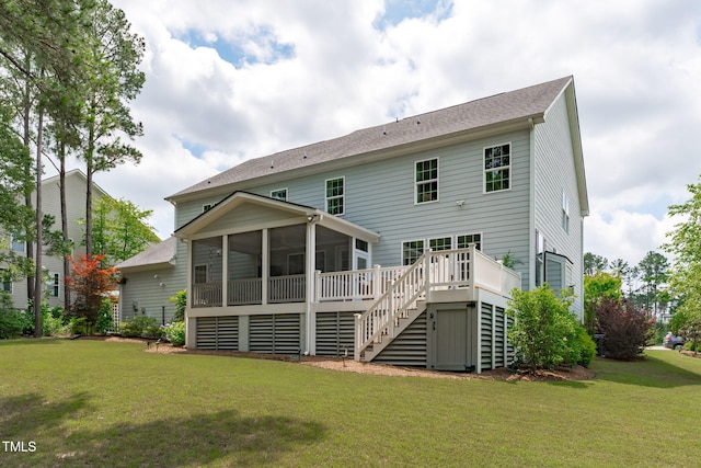 2711 Jordan Pointe Blvd, New Hill, NC 27562 - rear view of property featuring stairs, a sunroom, a yard, and a deck