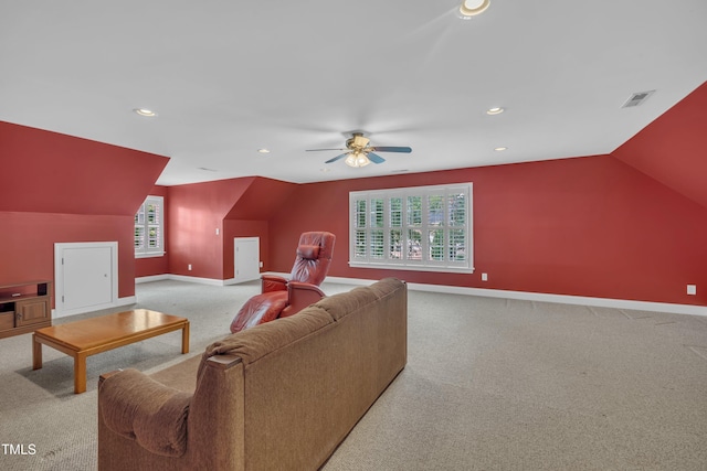 home theater room featuring vaulted ceiling, carpet flooring, a ceiling fan, baseboards, and recessed lighting