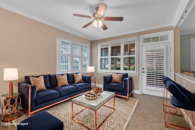 1608 Heritage Links Dr, Wake Forest, NC 27587 - living area with ornamental molding and a ceiling fan