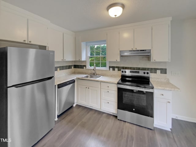 kitchen with stainless steel appliances, under cabinet range hood, a sink, and wood finished floors