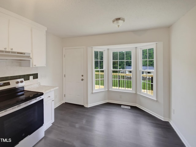 kitchen featuring electric range, under cabinet range hood, tasteful backsplash, white cabinets, and dark wood finished floors