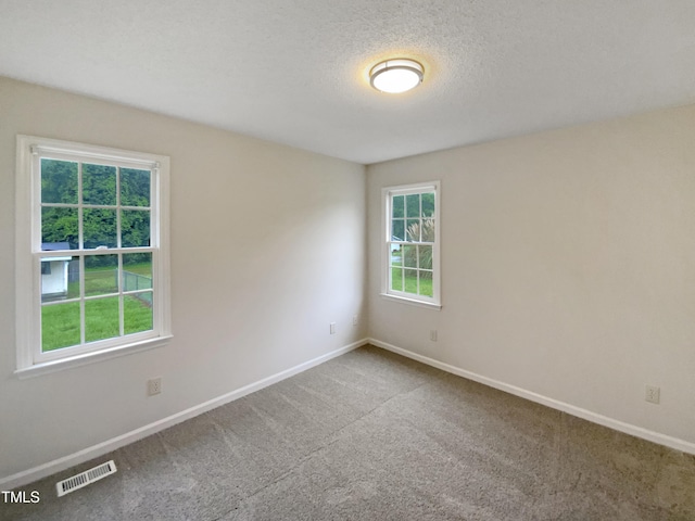 carpeted spare room with baseboards and a textured ceiling