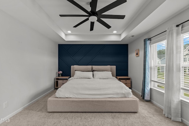 8925 Lee Brown Ridge Dr, Wake Forest, NC 27587 - bedroom with baseboards, a raised ceiling, carpet flooring, recessed lighting, and a ceiling fan