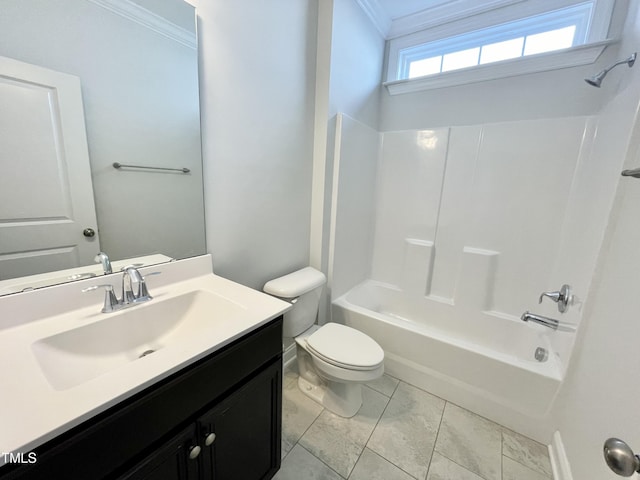 8813 Moss Glen Dr, Raleigh, NC 27617 - full bathroom with crown molding, vanity, shower / washtub combination, and toilet