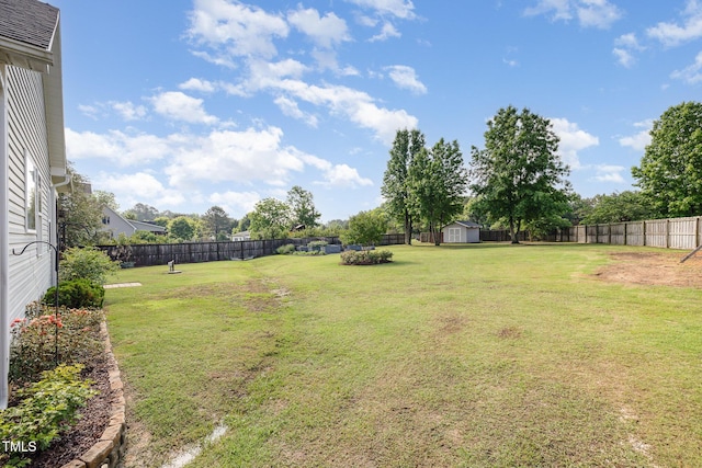 view of yard featuring a storage shed and an outbuilding