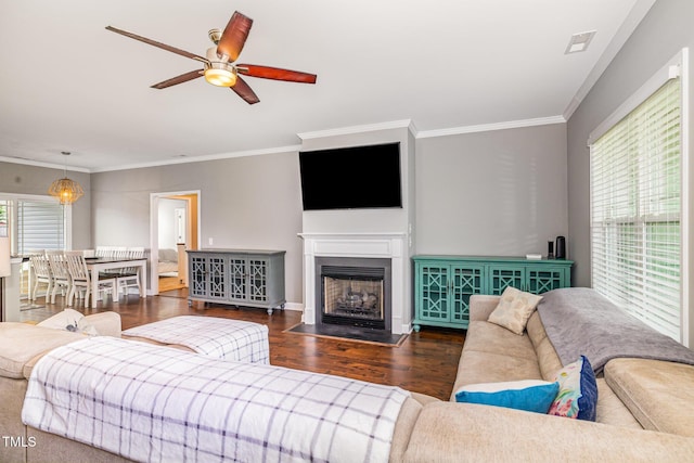 living area with wood finished floors, crown molding, a ceiling fan, a fireplace with flush hearth, and baseboards