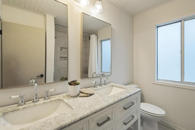 full bathroom featuring wood ceiling, toilet, and double vanity