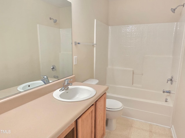 full bath featuring toilet, vanity, tile patterned floors, and shower / washtub combination