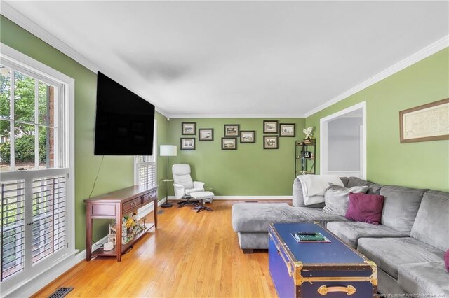 503 Charleston Pl, Fayetteville, NC 28303 - living area featuring crown molding, healthy amount of natural light, light wood finished floors, and baseboards