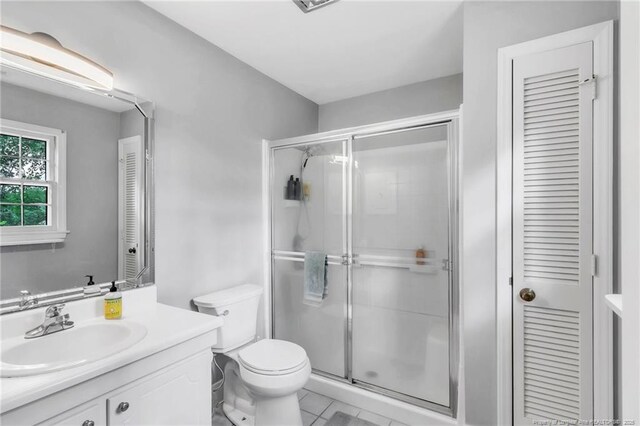 503 Charleston Pl, Fayetteville, NC 28303 - bathroom featuring a closet, a shower stall, toilet, and vanity