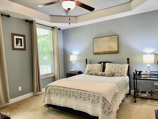 327 Beavertail Rd, Henderson, NC 27537 - bedroom with light carpet, baseboards, a ceiling fan, and a raised ceiling