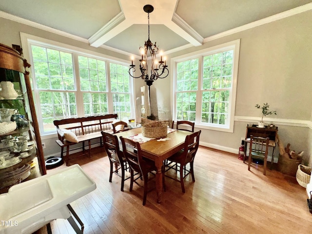 327 Beavertail Rd, Henderson, NC 27537 - dining space featuring a chandelier, hardwood / wood-style flooring, crown molding, and coffered ceiling