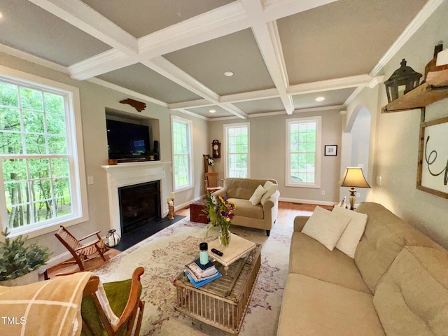 327 Beavertail Rd, Henderson, NC 27537 - living room with coffered ceiling, healthy amount of natural light, beamed ceiling, baseboards, and a fireplace with flush hearth