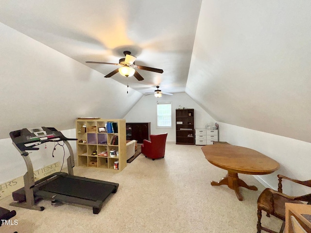327 Beavertail Rd, Henderson, NC 27537 - exercise room with ceiling fan, lofted ceiling, and carpet floors