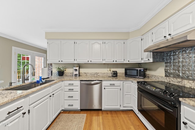 kitchen with black / electric stove, dishwasher, a sink, under cabinet range hood, and crown molding