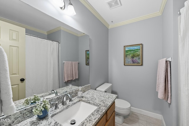 full bathroom featuring baseboards, toilet, crown molding, vanity, and wood finished floors