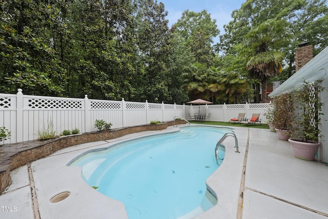 view of pool with a fenced backyard, a patio area, and view of wooded area