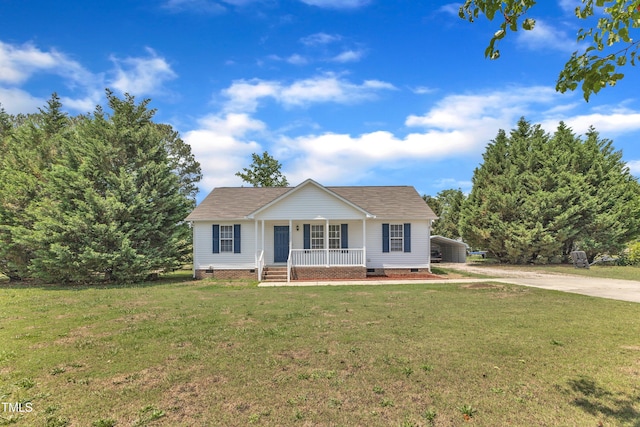 view of front facade with crawl space, a porch, a carport, and a front lawn