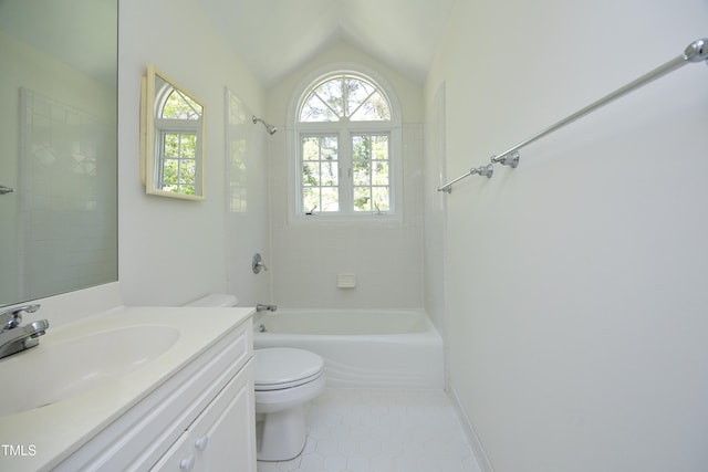 107 Silo Dr, Chapel Hill, NC 27514 - bathroom featuring toilet, tile patterned floors, lofted ceiling, vanity, and shower / bathtub combination