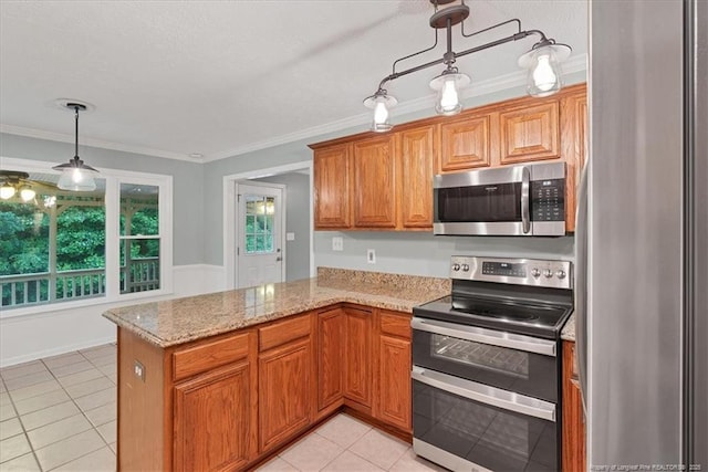 kitchen with stainless steel appliances, light tile patterned floors, a peninsula, light stone countertops, and pendant lighting