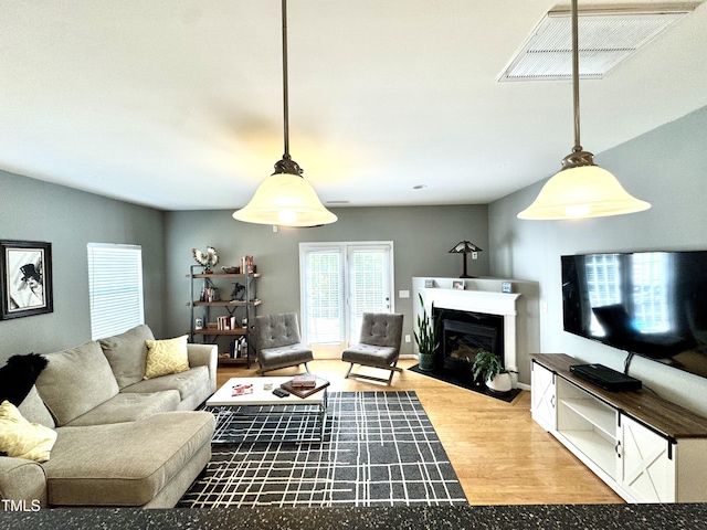 living room with wood finished floors and a glass covered fireplace