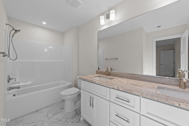 525 Allesandra Dr, Clayton, NC 27527 - bathroom featuring toilet, double vanity, bathing tub / shower combination, marble look tile flooring, and recessed lighting