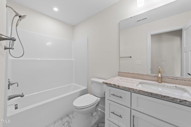 525 Allesandra Dr, Clayton, NC 27527 - full bath featuring marble look tiles, toilet, vanity, shower / bath combination, and baseboards