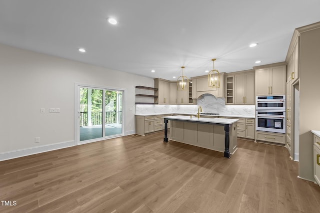525 Allesandra Dr, Clayton, NC 27527 - kitchen with open shelves, a breakfast bar, decorative backsplash, recessed lighting, and a chandelier