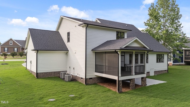 525 Allesandra Dr, Clayton, NC 27527 - back of house with a sunroom, crawl space, a yard, and roof with shingles