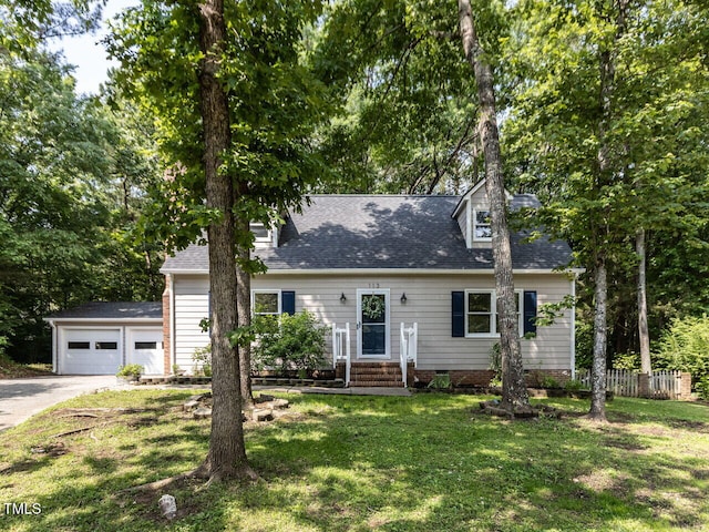 new england style home featuring roof with shingles, concrete driveway, a garage, crawl space, and entry steps