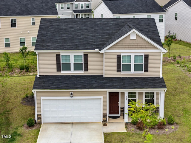 209 White Farm Dr, Wendell, NC 27591 - traditional-style house featuring concrete driveway, an attached garage, a front yard, a porch, and roof with shingles