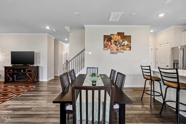 209 White Farm Dr, Wendell, NC 27591 - dining space with crown molding, dark wood-style floors, recessed lighting, stairway, and baseboards